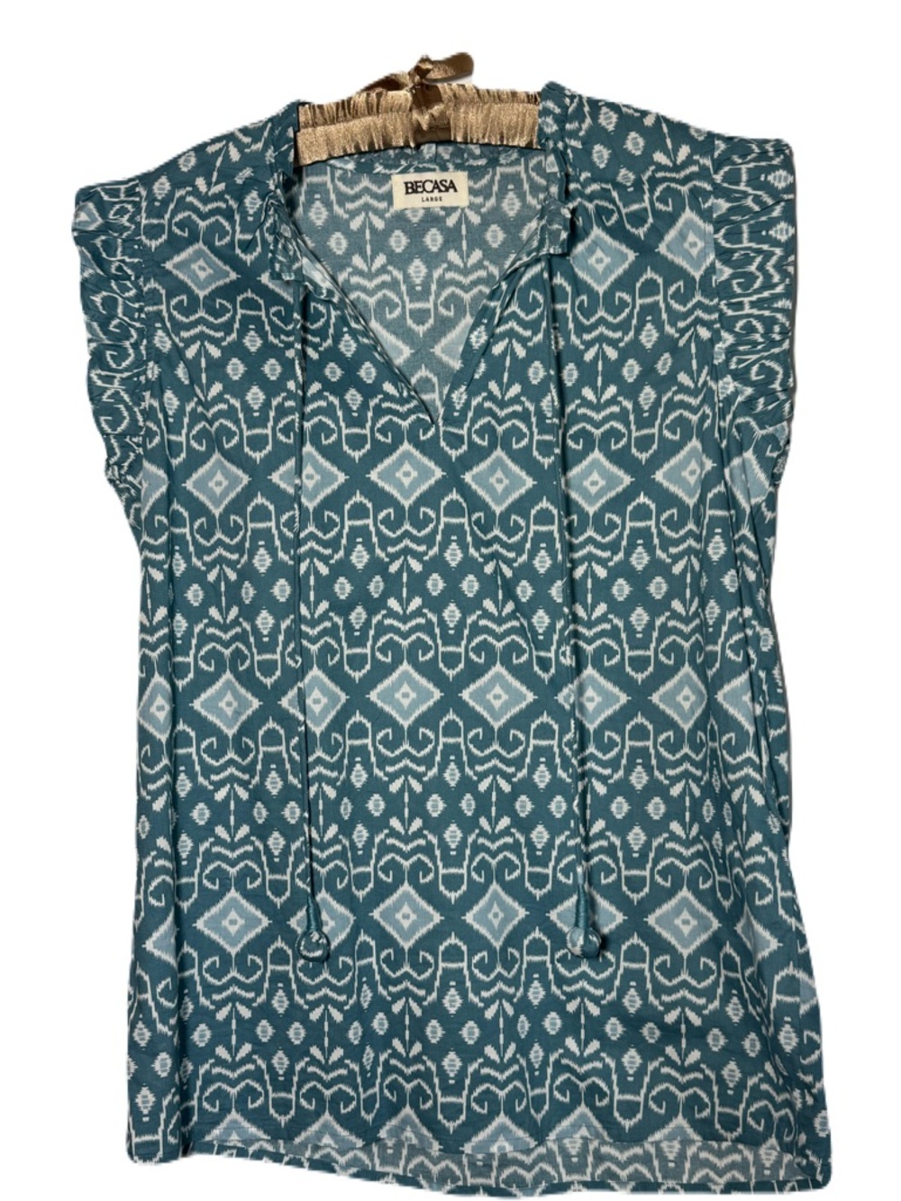 Teal Ikat-Print V-Neck Tasseled and Ruffled Tunic